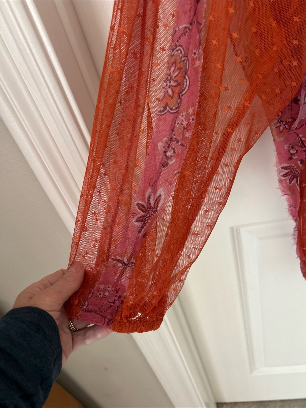 Free People Worth It Pink Orange Sheer Ruffle Floral Button Blouse Boho Fairy - Picture 7 of 14